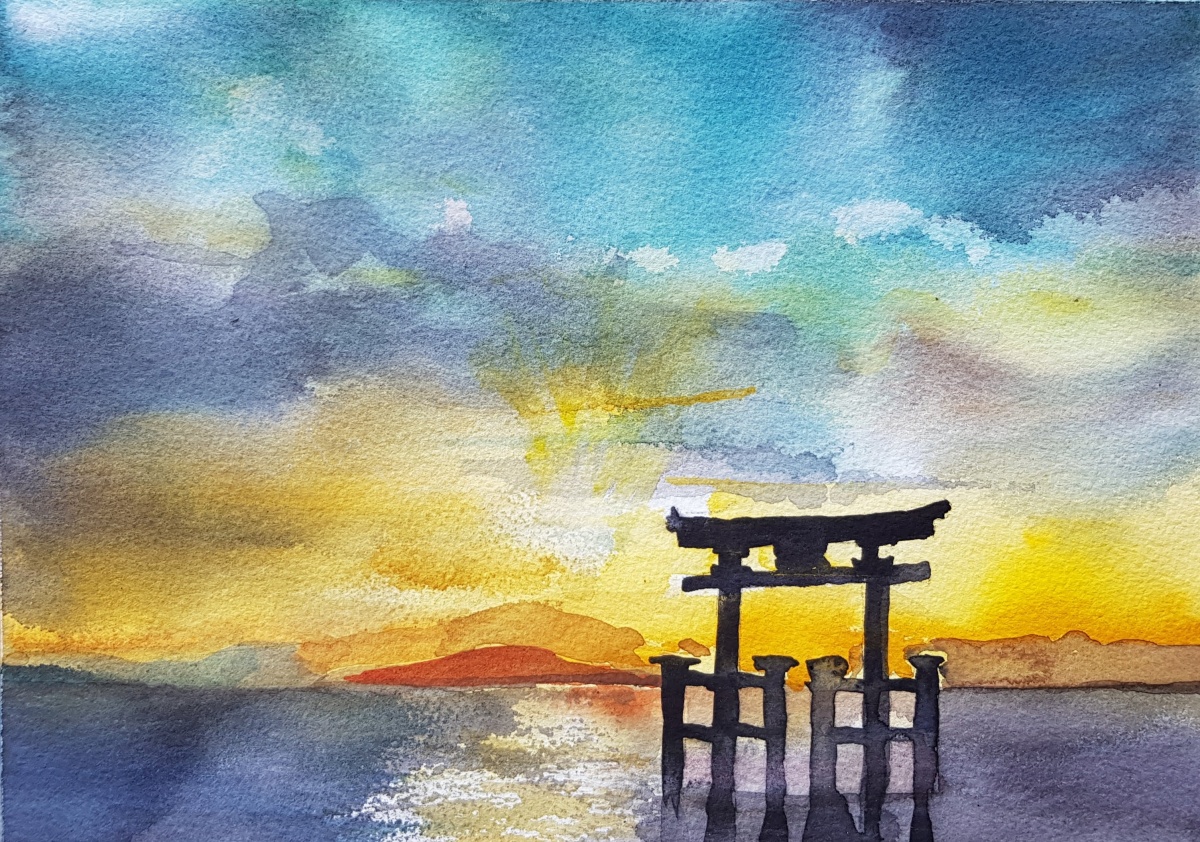 Watercolor landscape of a gate silhouette against a sunset sky, blue and orange tones, serene mood