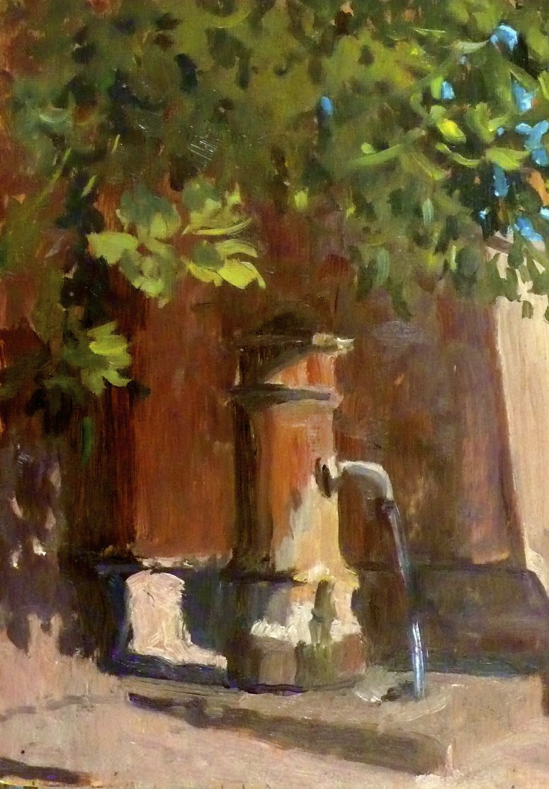 Painting of an old outdoor water pump beneath green foliage, warm brown and green tones