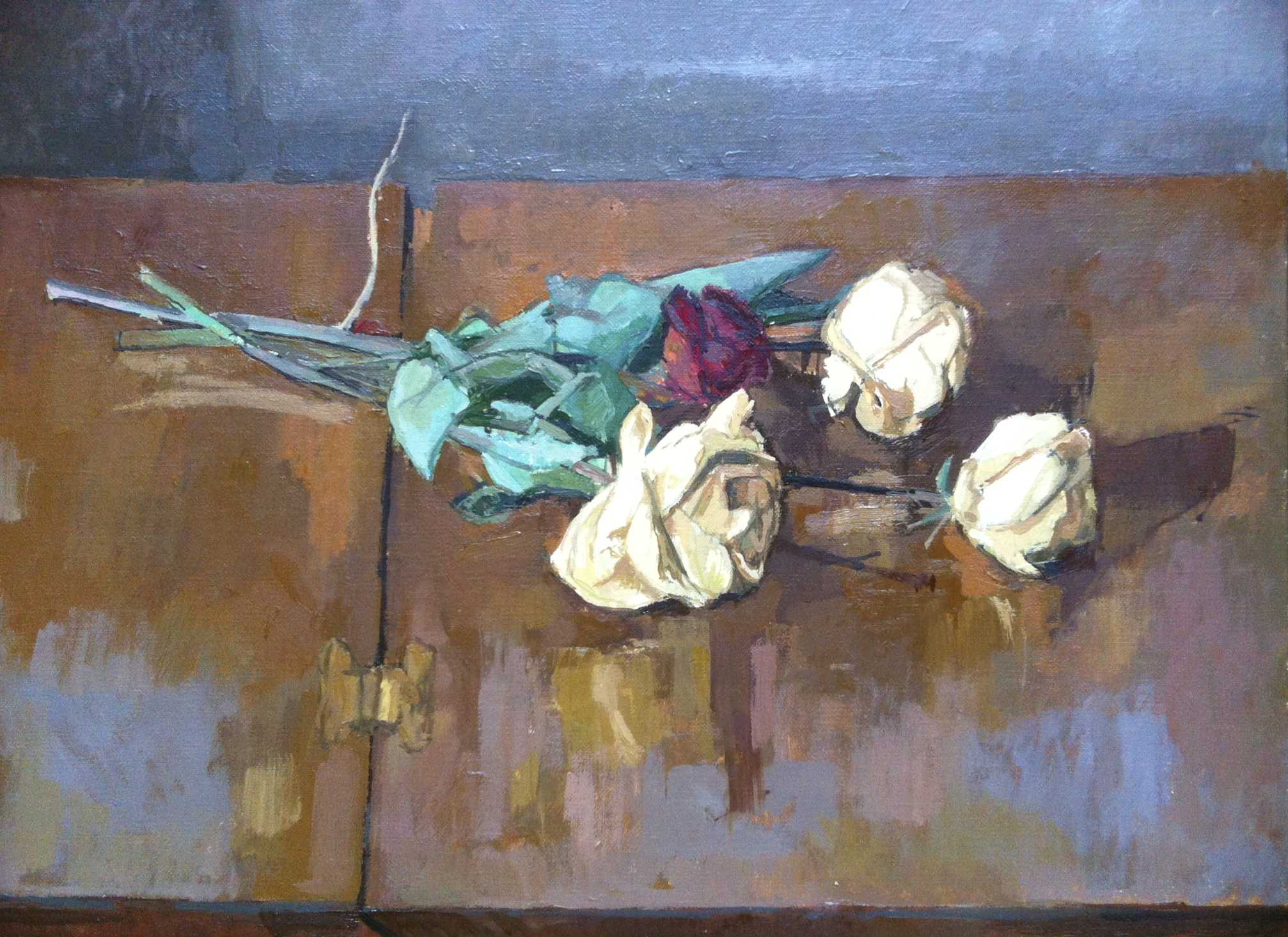 Still life painting of wilted white and red roses lying on a wooden surface, muted brown and gray tones, melancholic mood