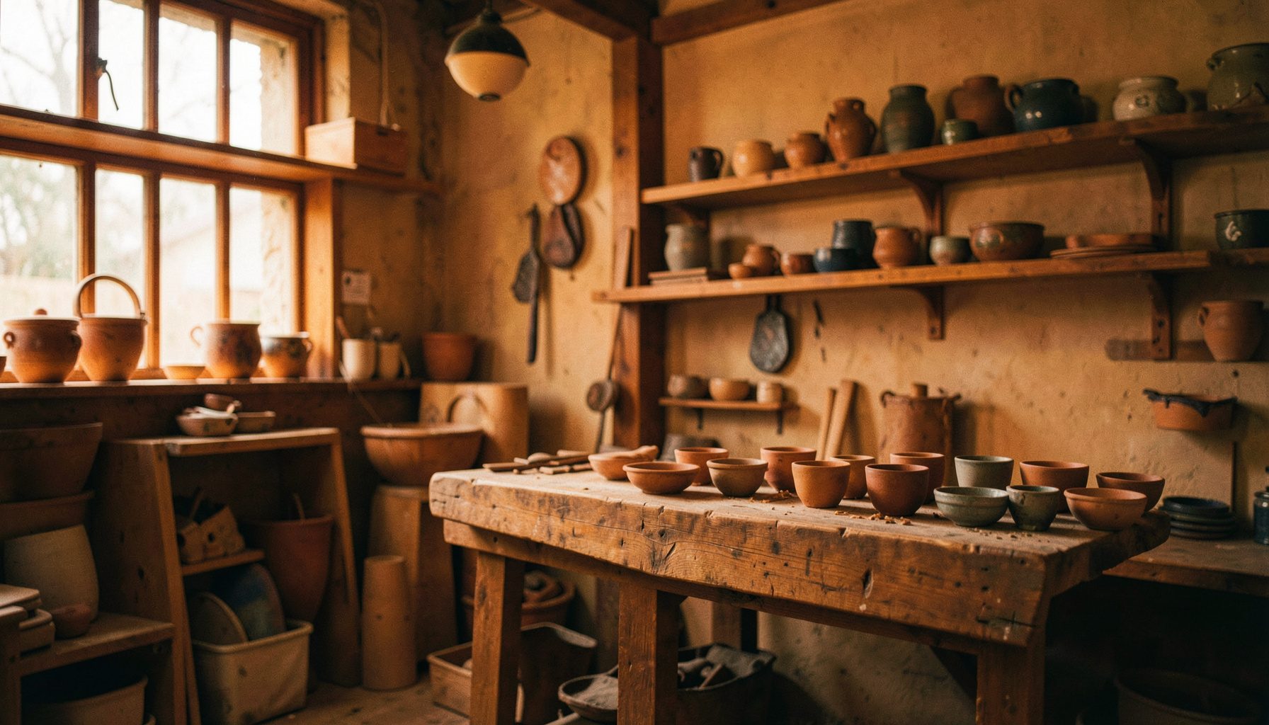 Artisan workshop interior with warm wood tones and handcrafted ceramics on shelves, soft natural light