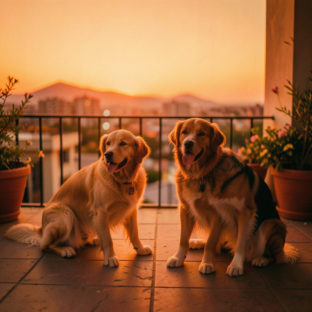 Painting of dogs resting on a sunlit terrace, warm muted tones, relaxed mood