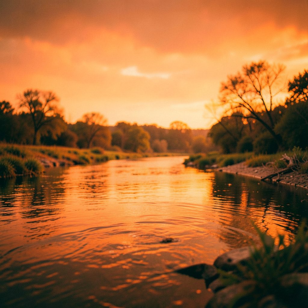 Painting of a riverbank scene in soft green and brown tones, tranquil countryside mood